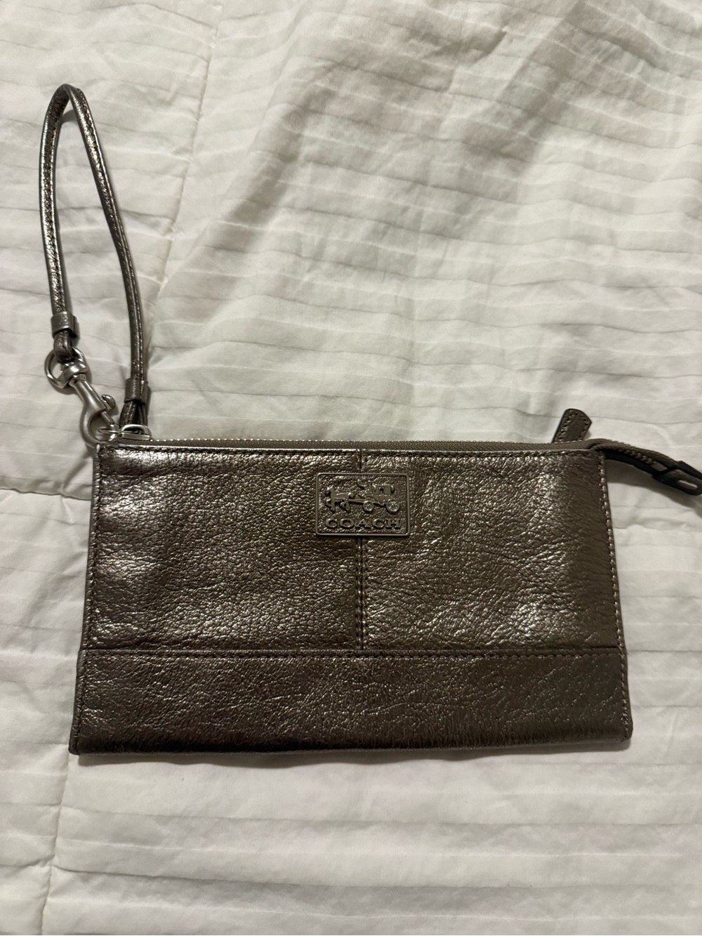 Coach Metallic Pewter Leather Wristlet Clutch